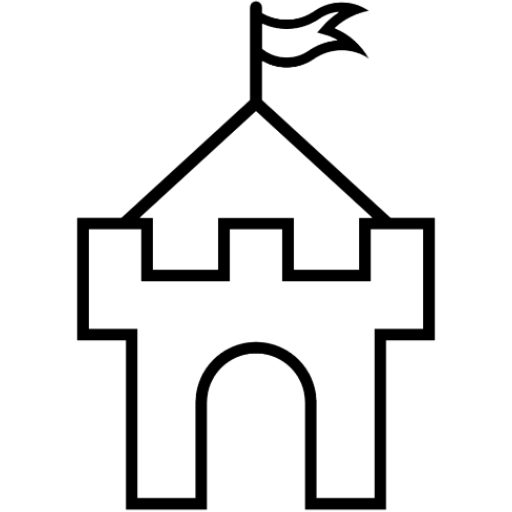 This is the castle logo for Saint Onge Designs. This version of the logo is a black outline of the castle with a transparent background. The Castle is a simple blocky single-story tower design with a large arched entry door. There is a roof over the castle and prominent split flag at the top.