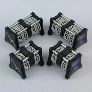 Two CC-1x1 and two CC-2x2 creature counters grouped together to show the different size options and to show both side 1 and side 2 image designs in one photo. The version shown has a black base with a image of a necromancer dagger on the power side 1 and an image of a soul potion bottle with a soul face escaping on the toughness side 2.