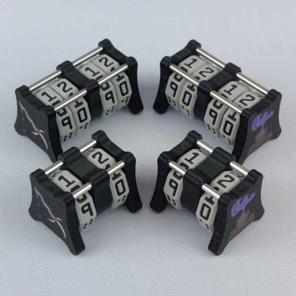 Two CC-1x1 and two CC-2x2 creature counters grouped together to show the different size options and to show both side 1 and side 2 image designs in one photo. The version shown has a black base with a image of a necromancer dagger on the power side 1 and an image of a soul potion bottle with a soul face escaping on the toughness side 2.