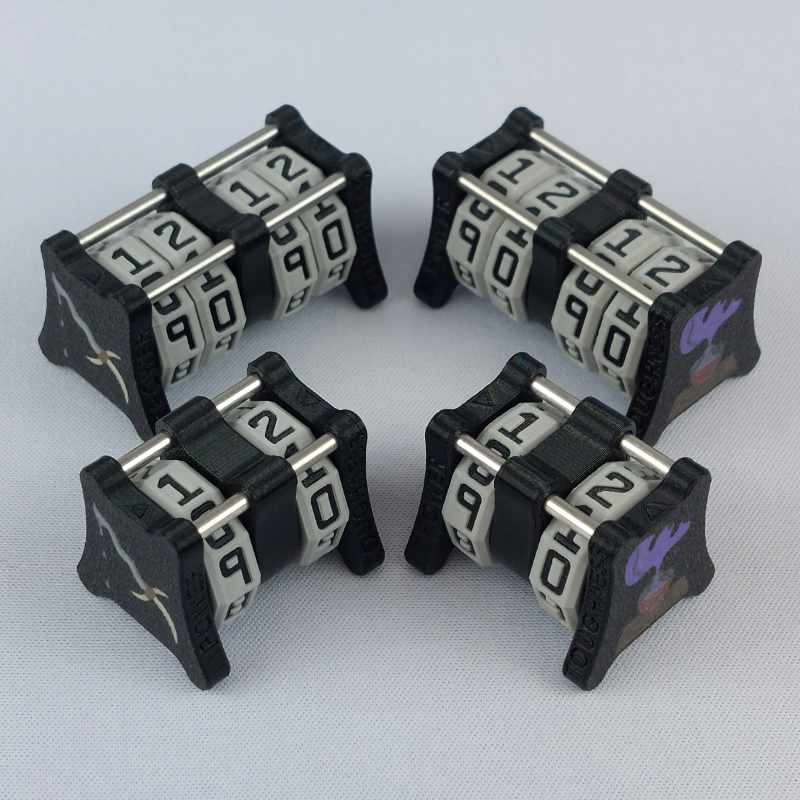 Two CC-1x1 and two CC-2x2 creature counters grouped together to show the different size options and to show both side 1 and side 2 image designs in one photo. The version shown has a black base with a image of a necromancer dagger on the power side 1 and an image of a soul potion bottle with a soul face escaping on the toughness side 2.