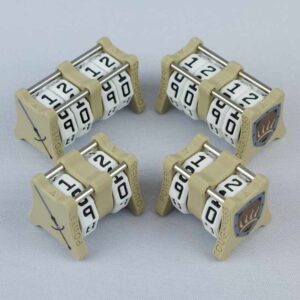 Two CC-1x1 and two CC-2x2 creature counters grouped together to show the different size options and to show both side 1 and side 2 image designs in one photo. This version shown is ivory white with great sword and sun shield.