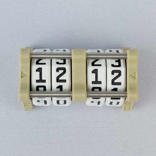 The CC-2x2 creature counter viewed from the top to show the four dials with divider. This version shown is ivory white with great sword and sun shield.