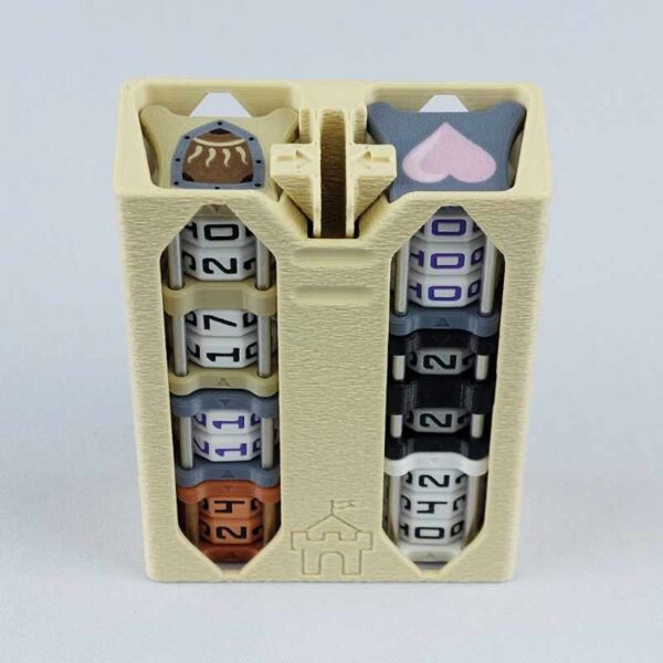 The CS-01 dial counter storage in a military desert tan color viewed from a high angle to show the front and top. This deck storage container is shown full of number counters and creature counters to show how it is used.