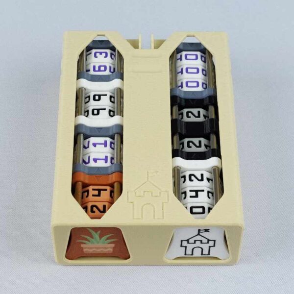 The CS-01 dial counter storage in a military desert tan color viewed from a low angle to show the front and bottom. This deck storage container is shown full of number counters and creature counters to show how it is used.