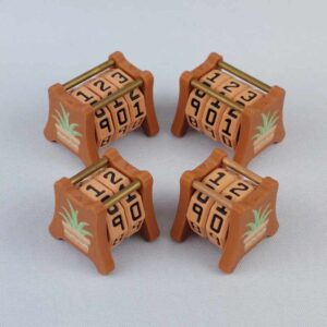 Two NC-2 and two NC-3 number counters grouped together to show the different size options and to show both side 1 and side 2 image designs in one photo. The version shown has a red-brown base with a image of an agave plant in a terracotta pot on both sides 1 and 2.