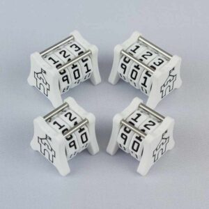 Two NC-2 and two NC-3 number counters grouped together to show the different size options and to show both side 1 and side 2 image designs in one photo. The version shown has a white base with a black castle outline in the middle on both sides 1 and 2. The small castle image is the Saint Onge Designs logo.