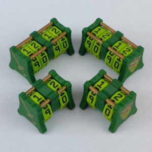 Two CC-1x1 and two CC-2x2 creature counters grouped together to show the different size options and to show both side 1 and side 2 image designs in one photo. This version shown is dark green with an image of a golden wood sword and acorn shield.